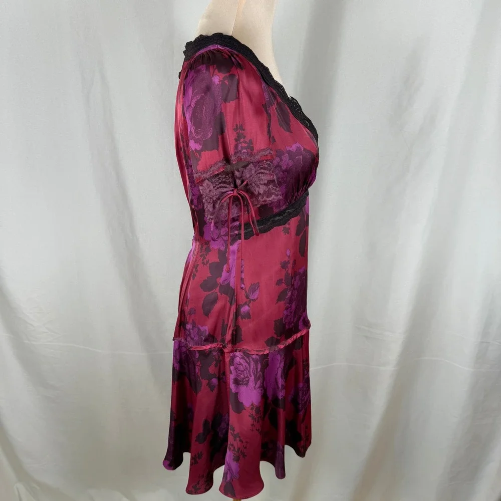 Free People Jos Printed Satin Mini Dress Berry Combo Drop Waist Lace Sz XS EUC